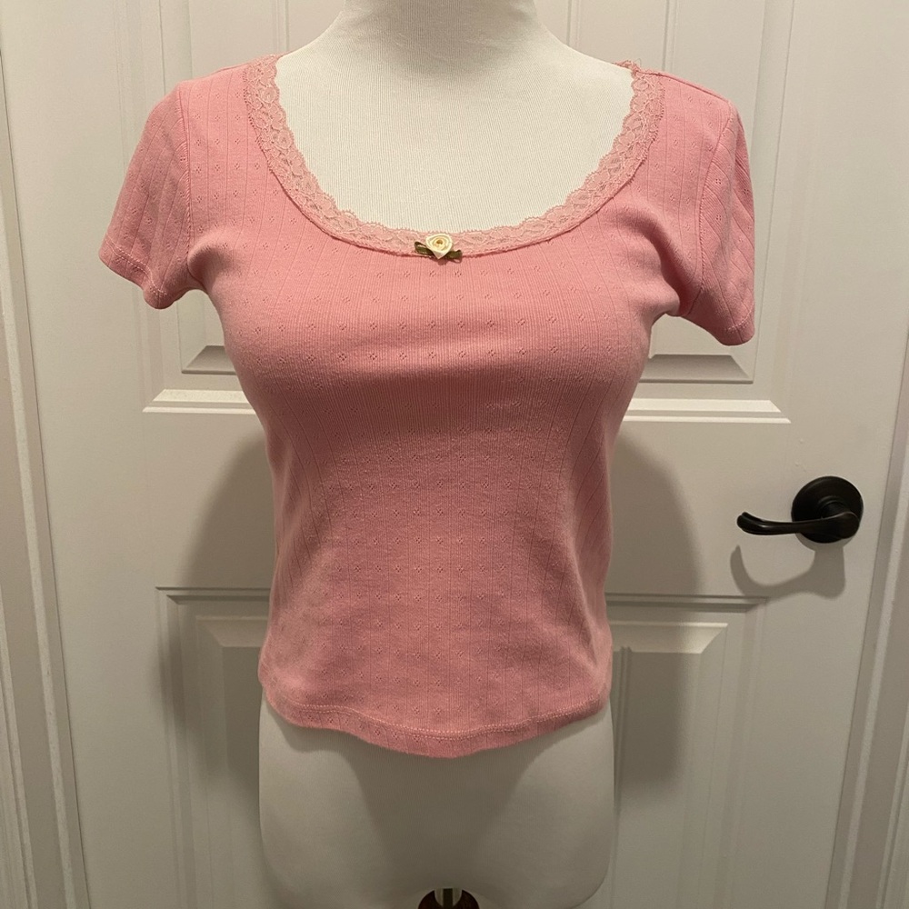 Pink Lace Trim Women's Top